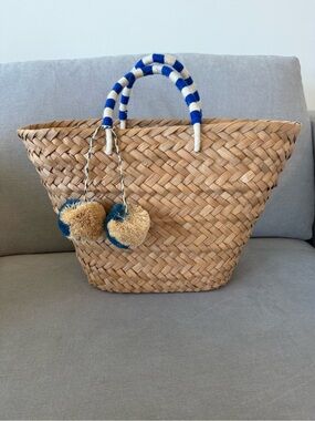 KAYU St. Tropez Pom-Pom Handwoven Straw Tote Bag – Blue/White